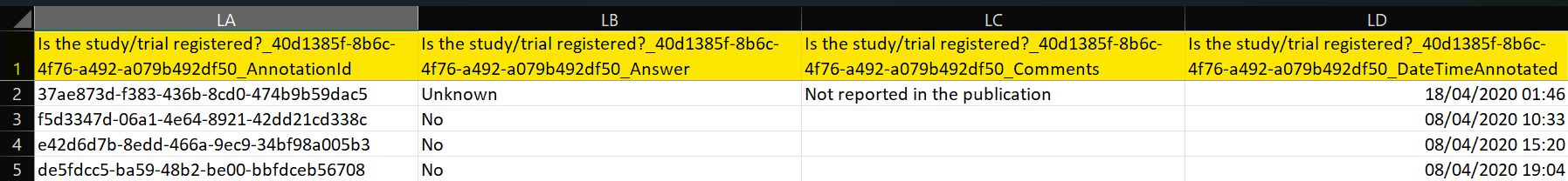 Single header row with question ID