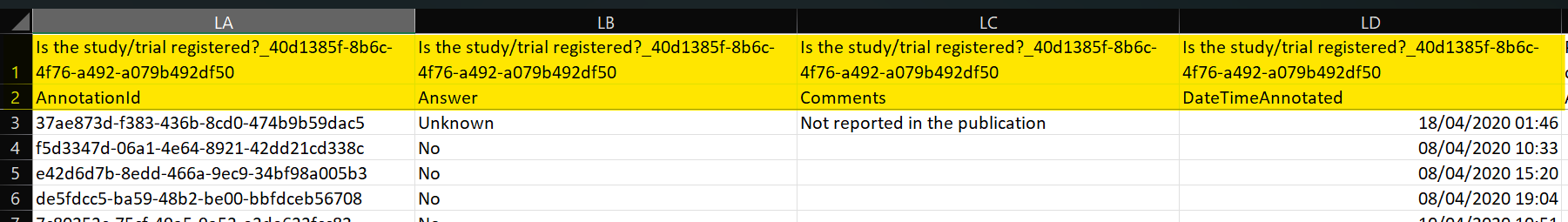 Two header rows with question